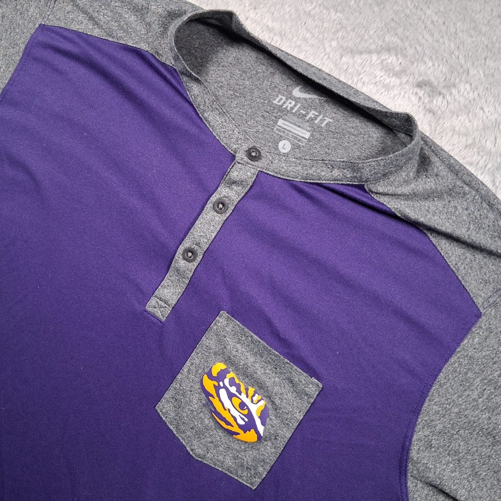 LSU Tigers Shirt Mens Large Purple Gray NCAA Football Nike Dri-FIT Henley